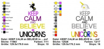 ♥KEEP CALM and BELIEVE in UNICORNS♥ Embroidery File SET 13x18cm