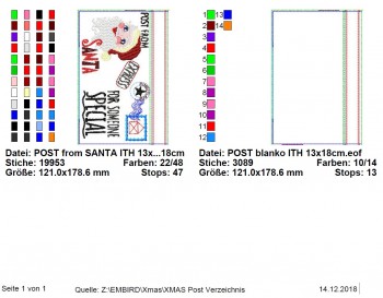 ♥POST from SANTA♥ Stickmuster TASCHE Weihnachtspost ITH 13x18cm