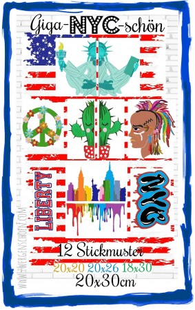 ♥Giga-NYC-schoen♥ Embroidery-FILE-Set NEW YORK Gigahoop USA 20x20 20x26 18x30 20x30cm