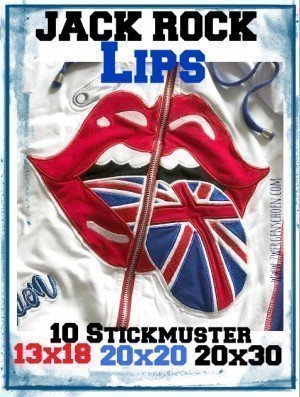 ♥JACK ROCK Lips♥ Stickmuster UNION JACK 13x18 20x20 20x30cm inkl. ZIPPER Motiv