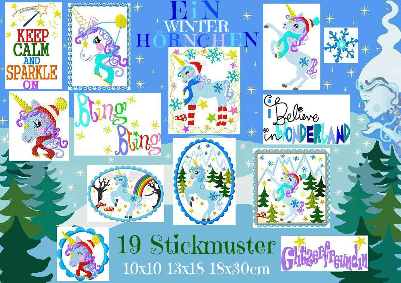 ♥ONEwinterHORN♥ Winter WONDER Unicorn EMBROIDERY-FILE Set 13x18 18x30