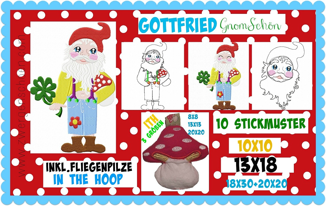 ♥GOTTFRIED♥ Embroidery FILE Gnome incl. ITH
