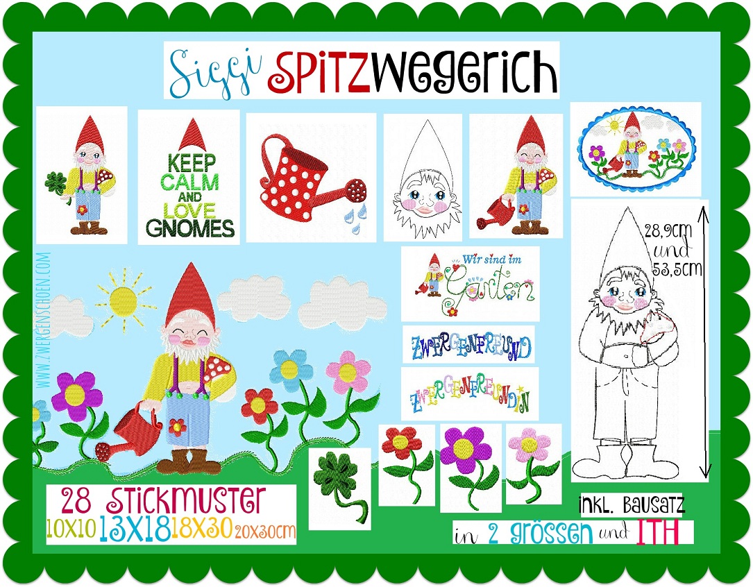 ♥SPITZwegerich♥ Stickdatei GARTENZWERG Gnome GARTENSCHÖN Spezial